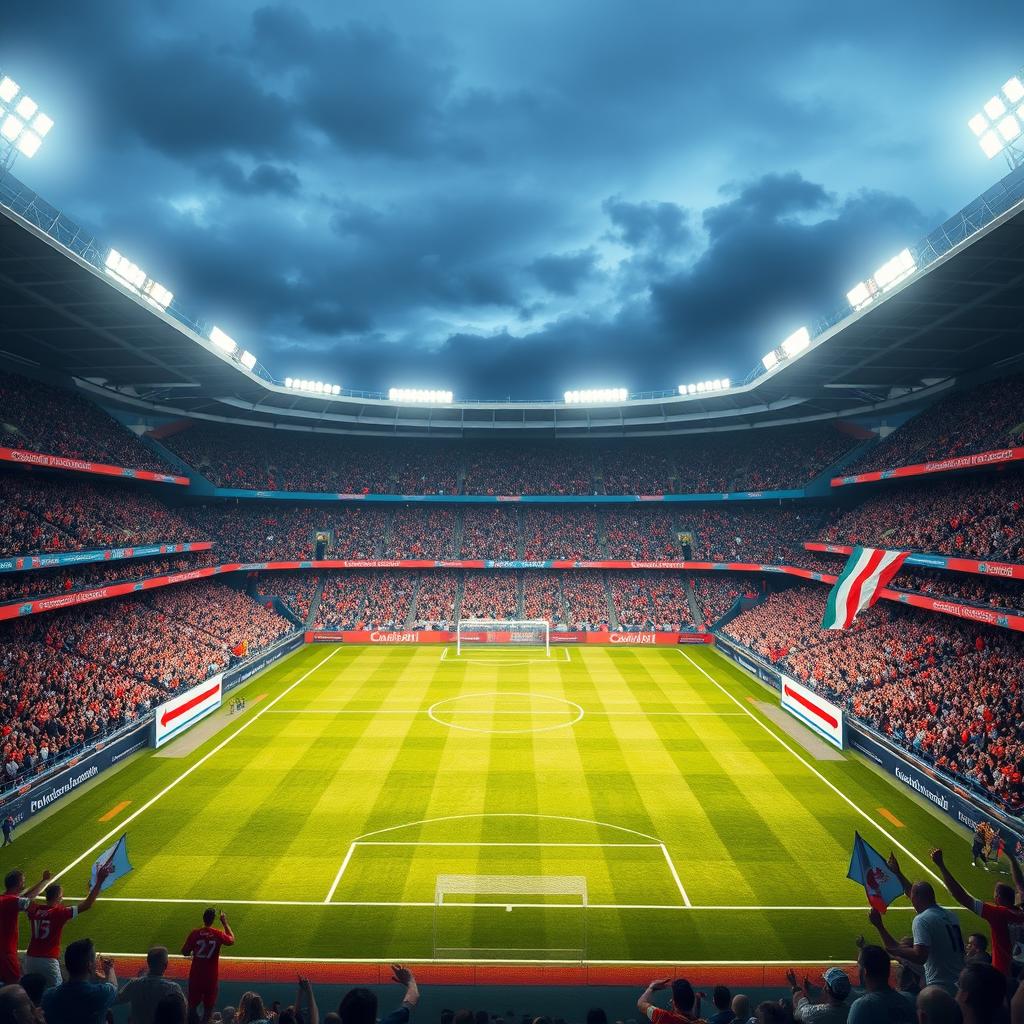 A vibrant and exciting background of a football (soccer) stadium filled with cheering fans, flags waving, and bright floodlights illuminating the field