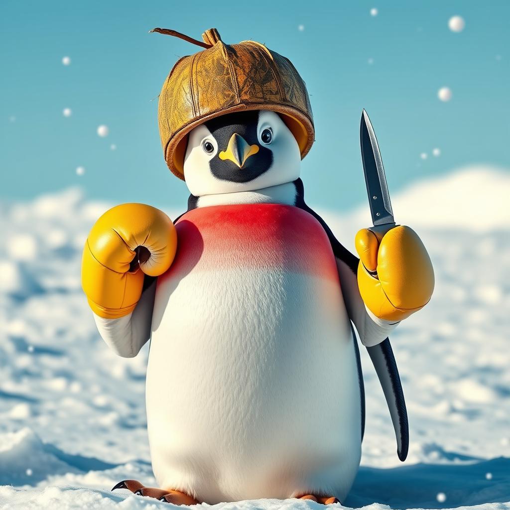 An emperor penguin wearing a coconut helmet, a watermelon chest plate, and boxing gloves on one flipper while holding a knife in the other flipper