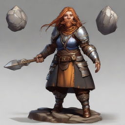 A commanding female dwarf kineticist encased in sturdy heavy armor, with wood splinters and rocks levitating and circulating around her as a display of her elemental capabilities.