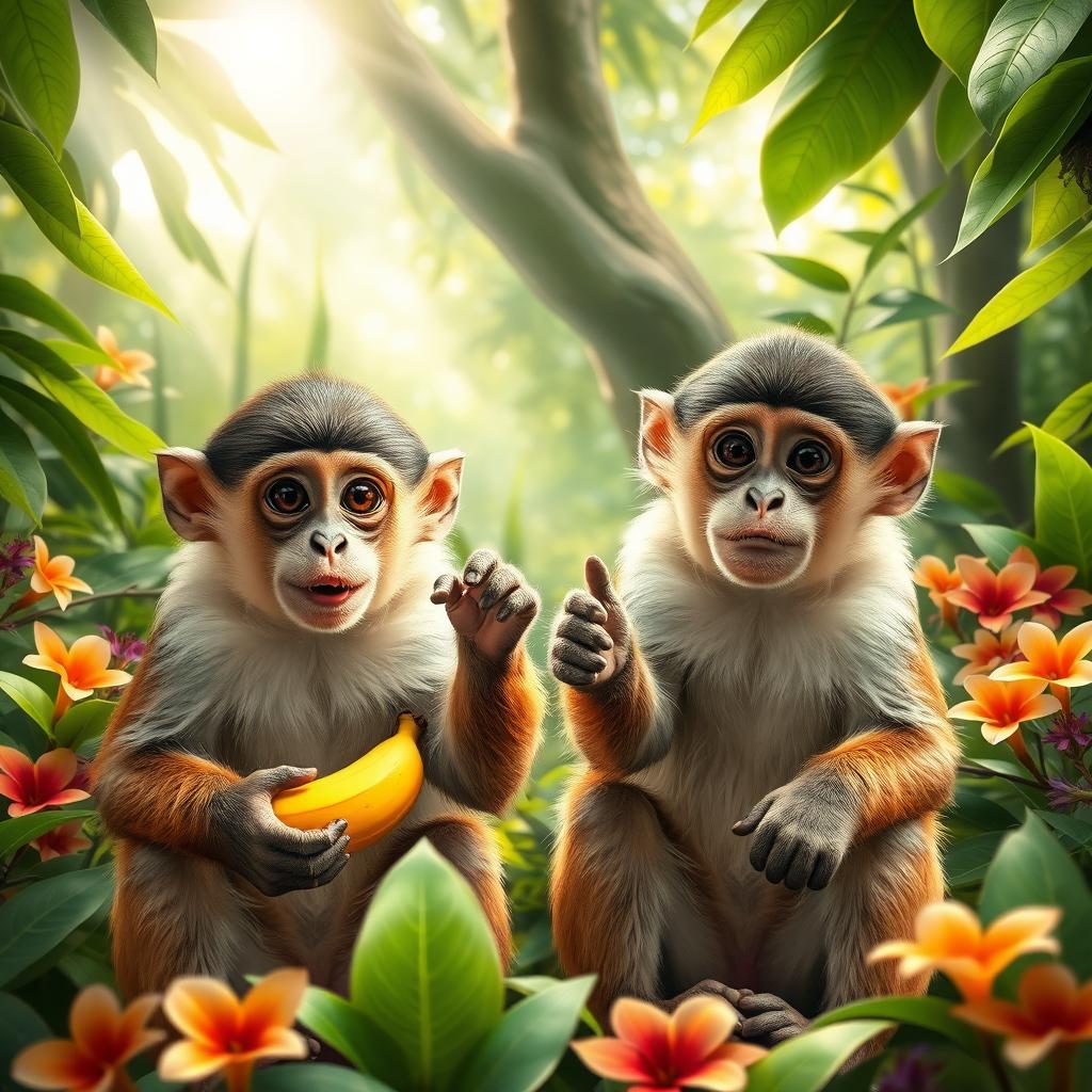Two identical monkeys sitting side by side, both with playful expressions