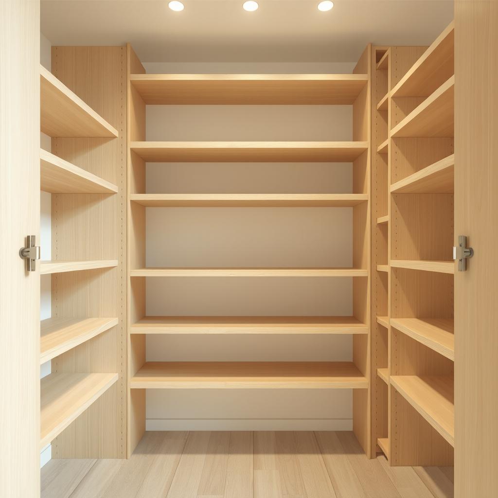 A front view of an empty closet with shelves