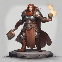 A commanding female dwarf kineticist encased in sturdy heavy armor, with wood splinters and rocks levitating and circulating around her as a display of her elemental capabilities.