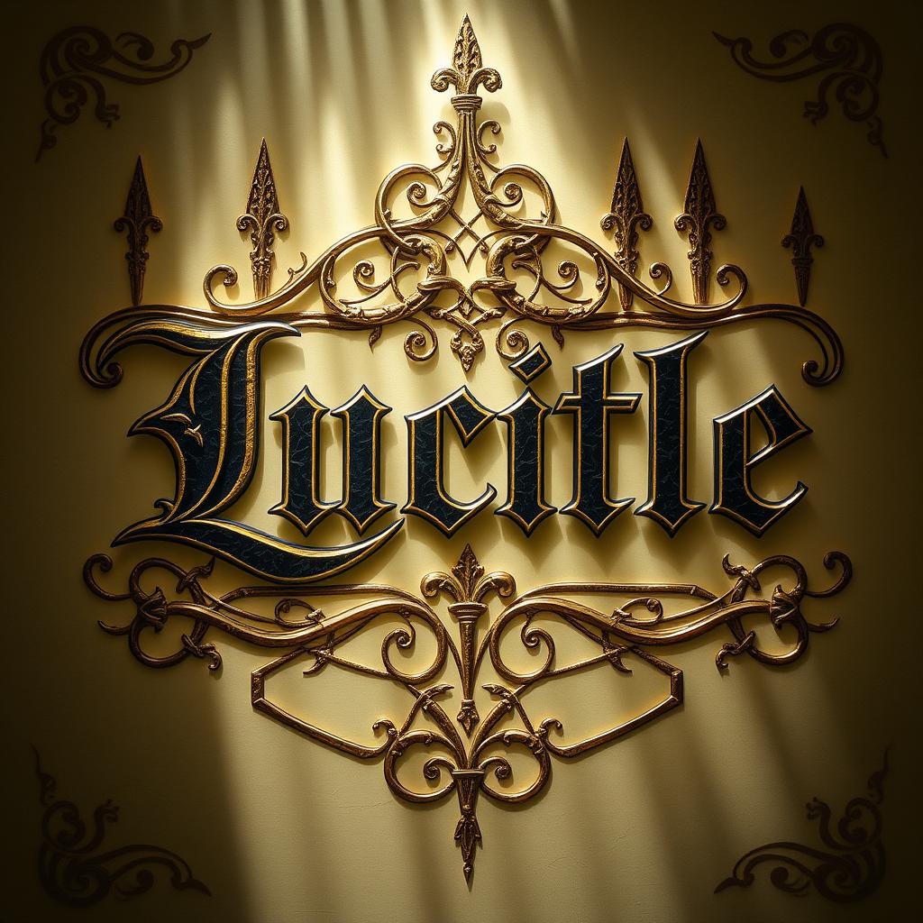 Lucille in Gothic Latin script with ornate and decorative elements, featuring intricate knotwork and pointed arches typical of gothic art, surrounded by an ethereal light