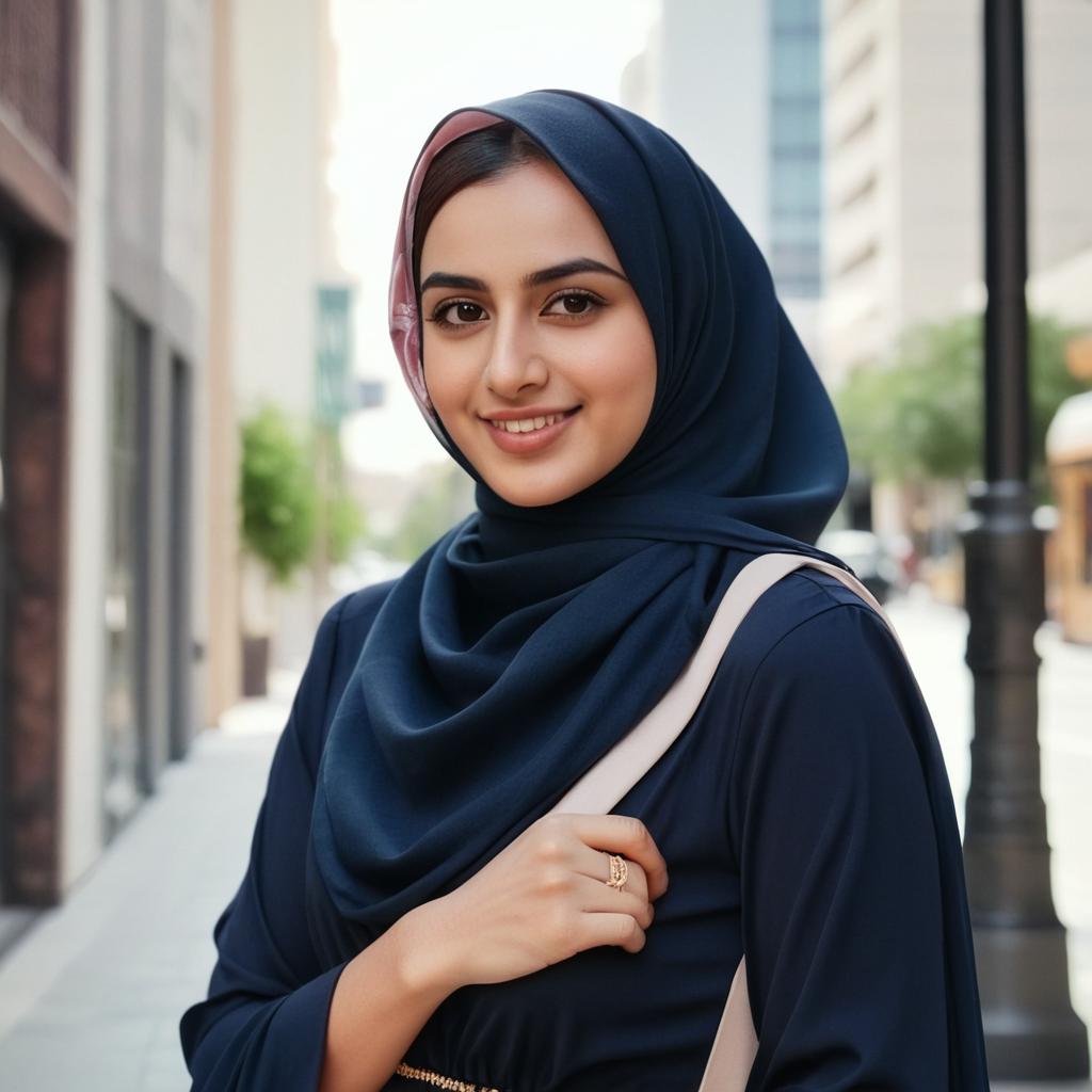 A realistic portrait of a young Middle Eastern Muslim woman wearing a stylish hijab and an elegant modest dress, soft natural makeup, smiling gently, standing outdoors on a clean and modern city street, natural daylight, photo-realistic, DSLR camera quality, calm and trustworthy atmosphere.