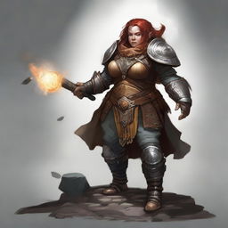 A commanding female dwarf kineticist encased in sturdy heavy armor, with wood splinters and rocks levitating and circulating around her as a display of her elemental capabilities.