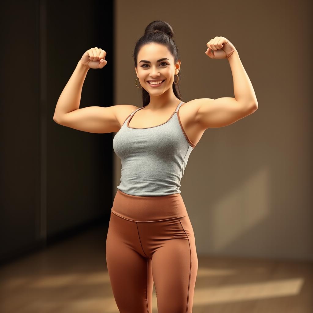 A realistic, professional portrait of a confident and empowered woman standing with her hands raised over her head, showcasing her body in a powerful pose