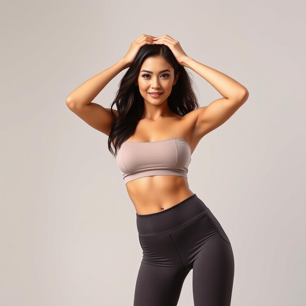 A confident woman in stylish leggings, standing against a neutral background with hands on her head, exuding a sense of freedom and self-assurance
