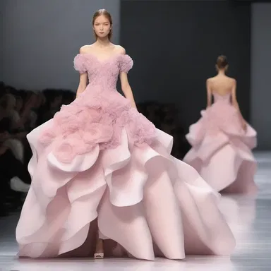 The fashion show showcased elegant gowns inspired by anthesis, with flowing designs resembling unfurling flower petals.