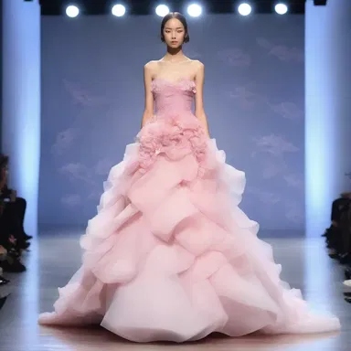 The fashion show showcased elegant gowns inspired by anthesis, with flowing designs resembling unfurling flower petals.