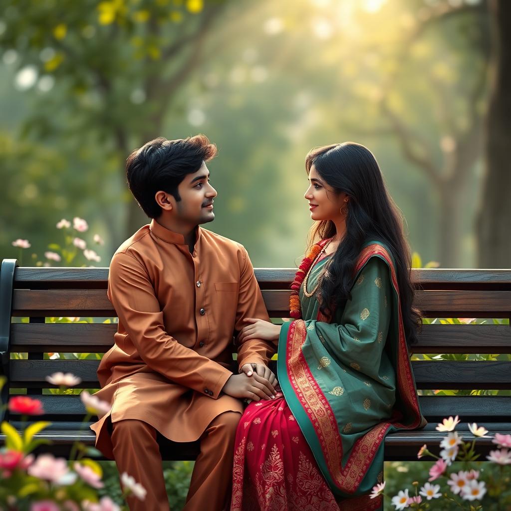 A touching depiction of a Muslim boy and a Hindu girl in a serene, romantic setting