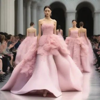 The fashion show showcased elegant gowns inspired by anthesis, with flowing designs resembling unfurling flower petals.