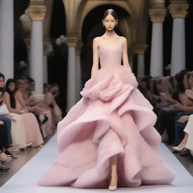 The fashion show showcased elegant gowns inspired by anthesis, with flowing designs resembling unfurling flower petals.