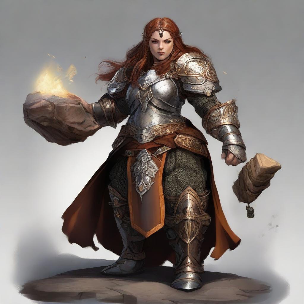 A commanding female dwarf kineticist encased in sturdy heavy armor, with wood splinters and rocks levitating and circulating around her as a display of her elemental capabilities.