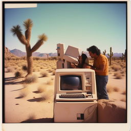 A nostalgic Polaroid photo showing a 1980s computer perched on a post in the desert, highlighted with a Latino couple sharing a romantic kiss on the side.