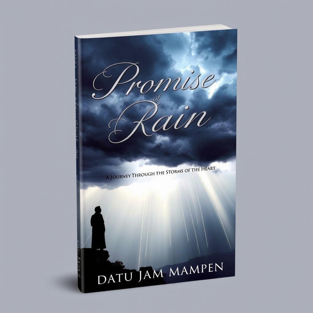 The book cover for 'The Promise of Rain: A Journey Through the Storms of the Heart' by Datu Jam Mampen, featuring an abstract representation of stormy weather symbolizing emotional turmoil and resilience