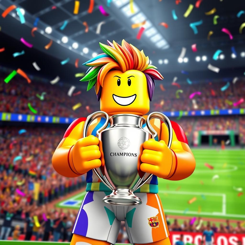 A vibrant and colorful Roblox avatar with a unique design, wearing a stylish sports outfit