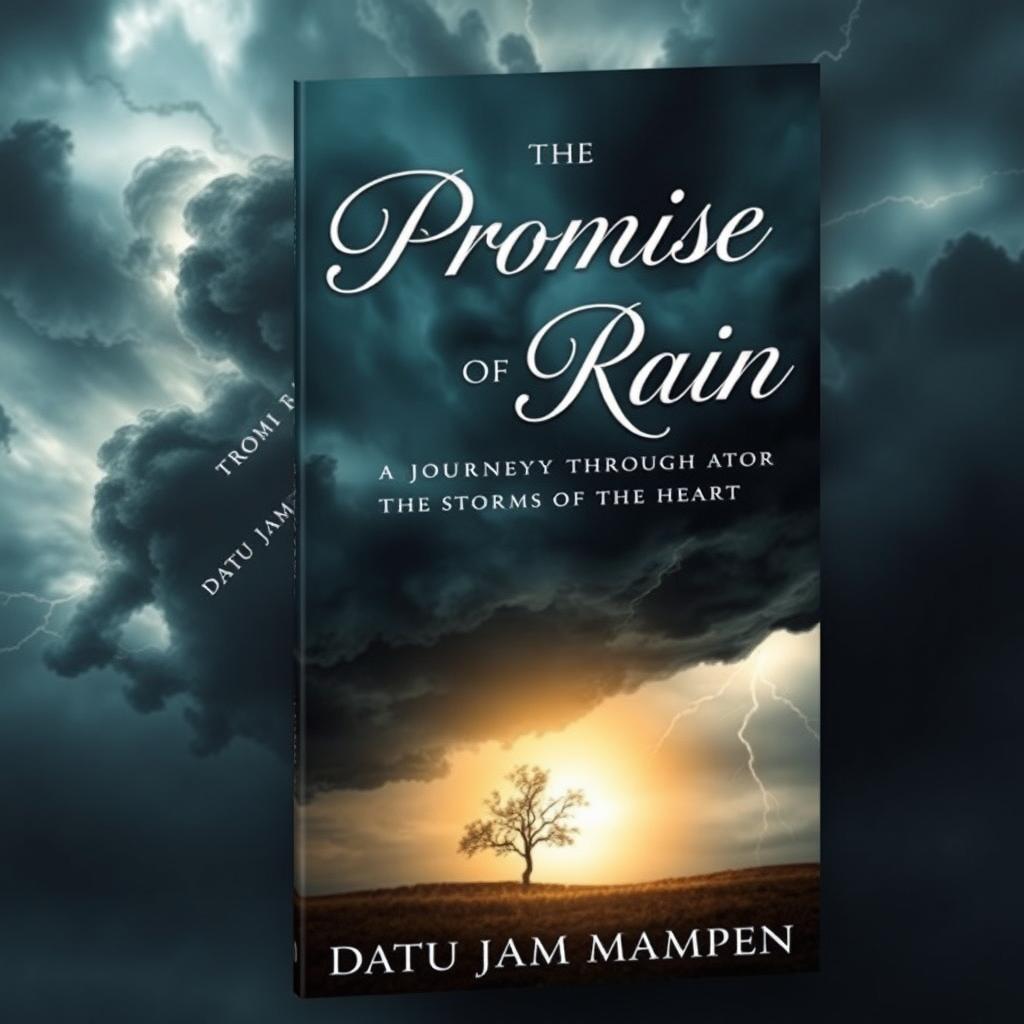 The book cover for 'The Promise of Rain: A Journey Through the Storms of the Heart' by Datu Jam Mampen, featuring a visually striking design that embodies emotion and resilience