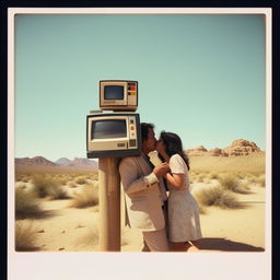 A nostalgic Polaroid photo showing a 1980s computer perched on a post in the desert, highlighted with a Latino couple sharing a romantic kiss on the side.