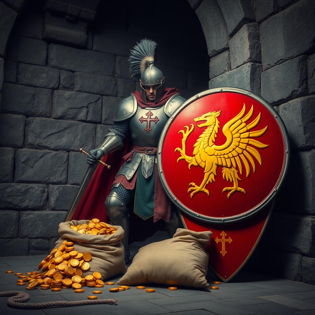 A valiant knight in full armor, wielding a long sword, stands in a medieval grey castle