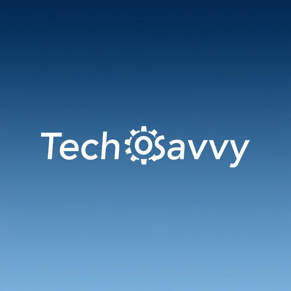 The words 'Tech Savvy' elegantly designed using modern typography, with a sleek and futuristic symbol of a gear or circuit integrated into the text, representing technology and innovation