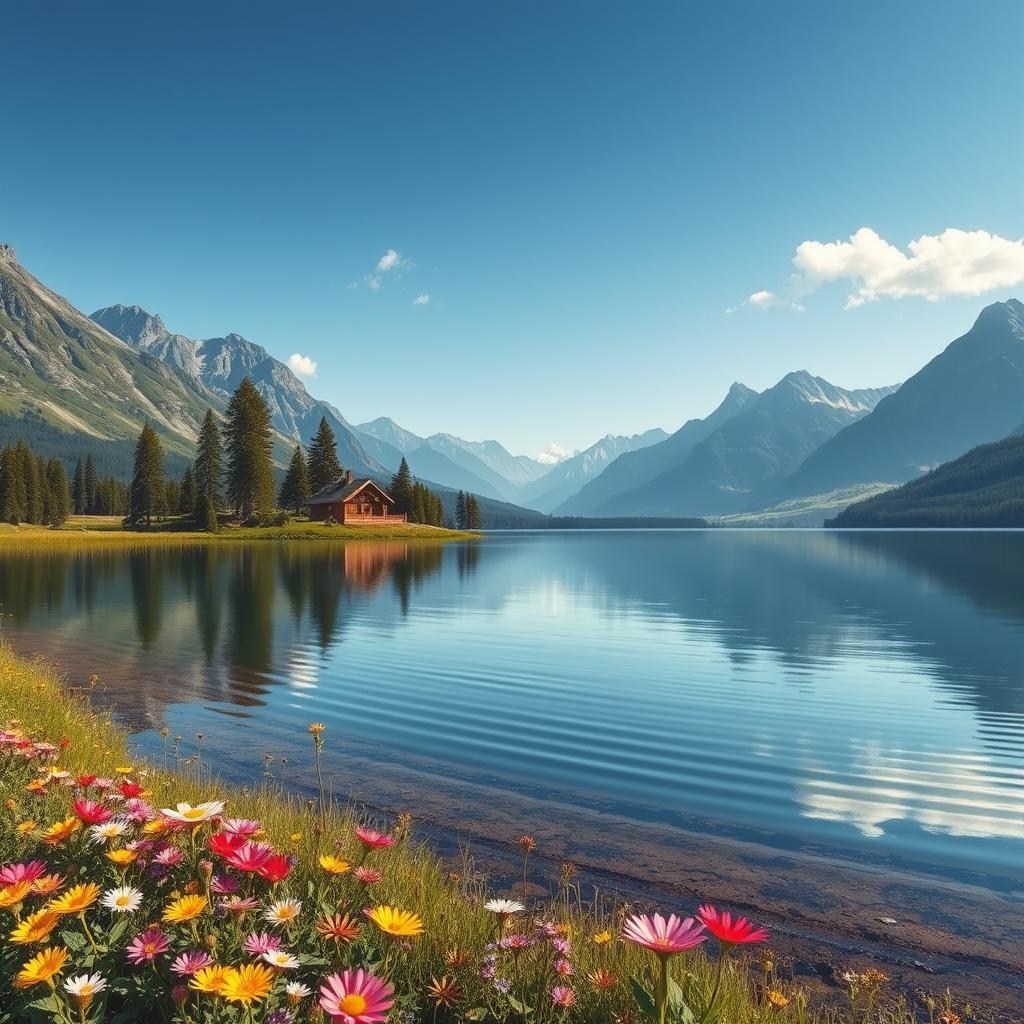 A highly realistic and detailed depiction of a serene landscape featuring a tranquil lake surrounded by majestic mountains under a clear blue sky