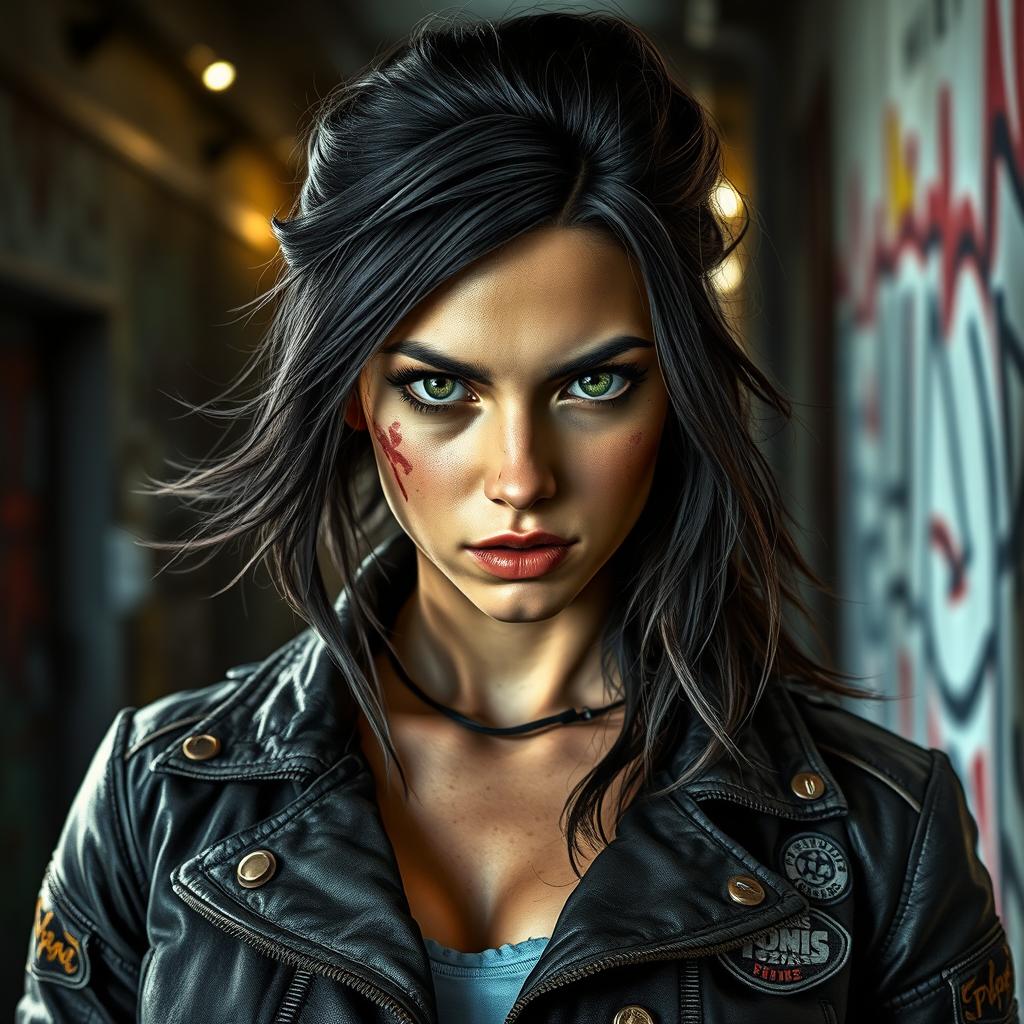 A dramatic and striking portrait of a character named Karli Jo Storm, with a bruised and weathered appearance
