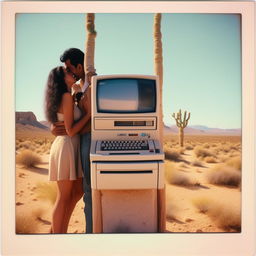 A nostalgic Polaroid photo showing a 1980s computer perched on a post in the desert, highlighted with a Latino couple sharing a romantic kiss on the side.