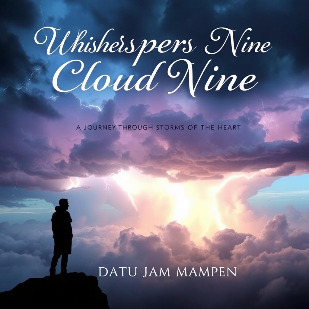 A captivating book cover design for "Whispers on Cloud Nine: A Journey Through Storms of the Heart" by Datu Jam Mampen