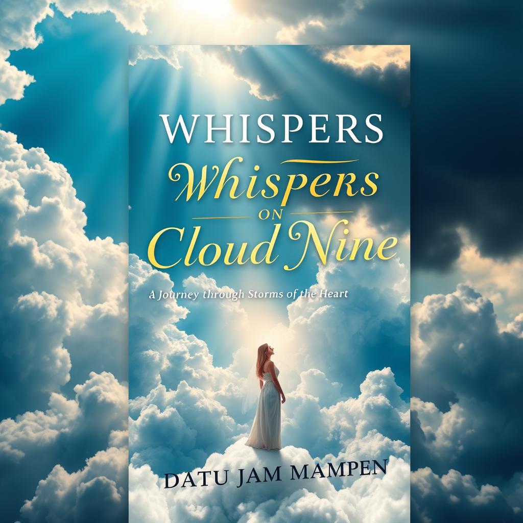 A captivating book cover design for "Whispers on Cloud Nine: A Journey Through Storms of the Heart" by Datu Jam Mampen
