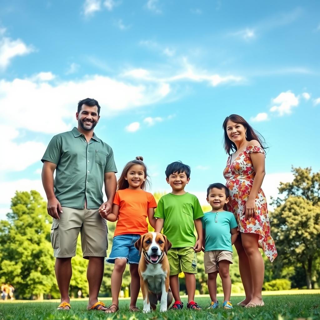 A heartwarming family photo featuring a diverse group of five people standing together in a sunny park