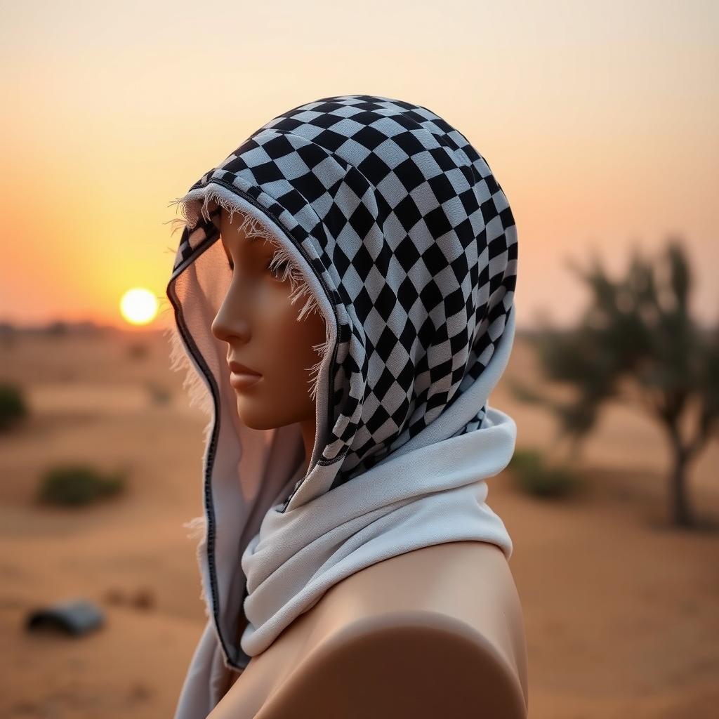 A traditional Palestinian kuffiyeh headpiece featuring a distinctive black and white checkered pattern, elegantly draped over a human figure