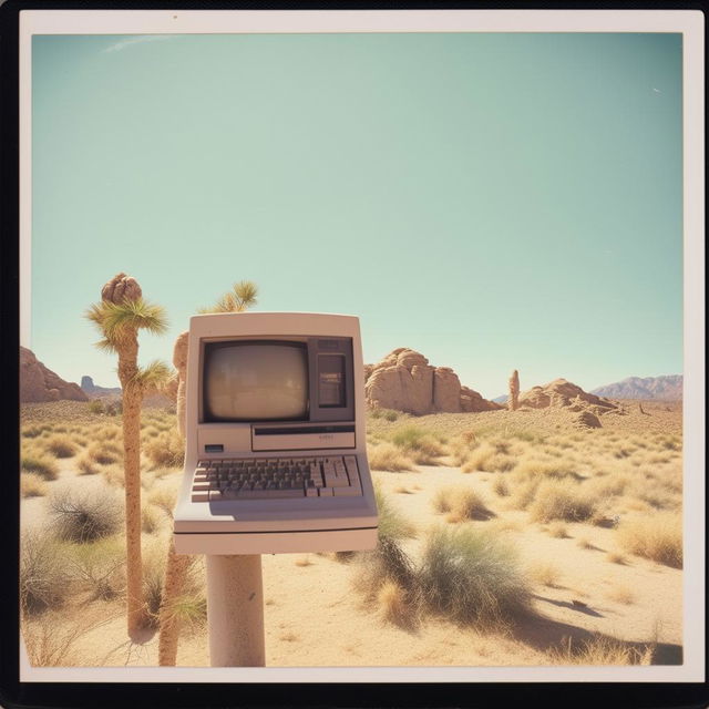 A nostalgic Polaroid photo showing a 1980s computer perched on a post in the desert, highlighted with a Latino couple sharing a romantic kiss on the side.