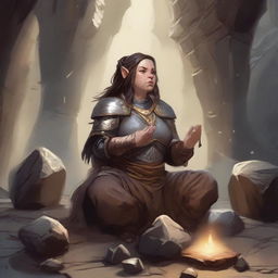 A serene yet powerful female dwarf kineticist meditates within a cavern, enveloped in heavy armor. Surrounding her, numerous wood splinters and loose rocks float mid-air in a tranquil dance.