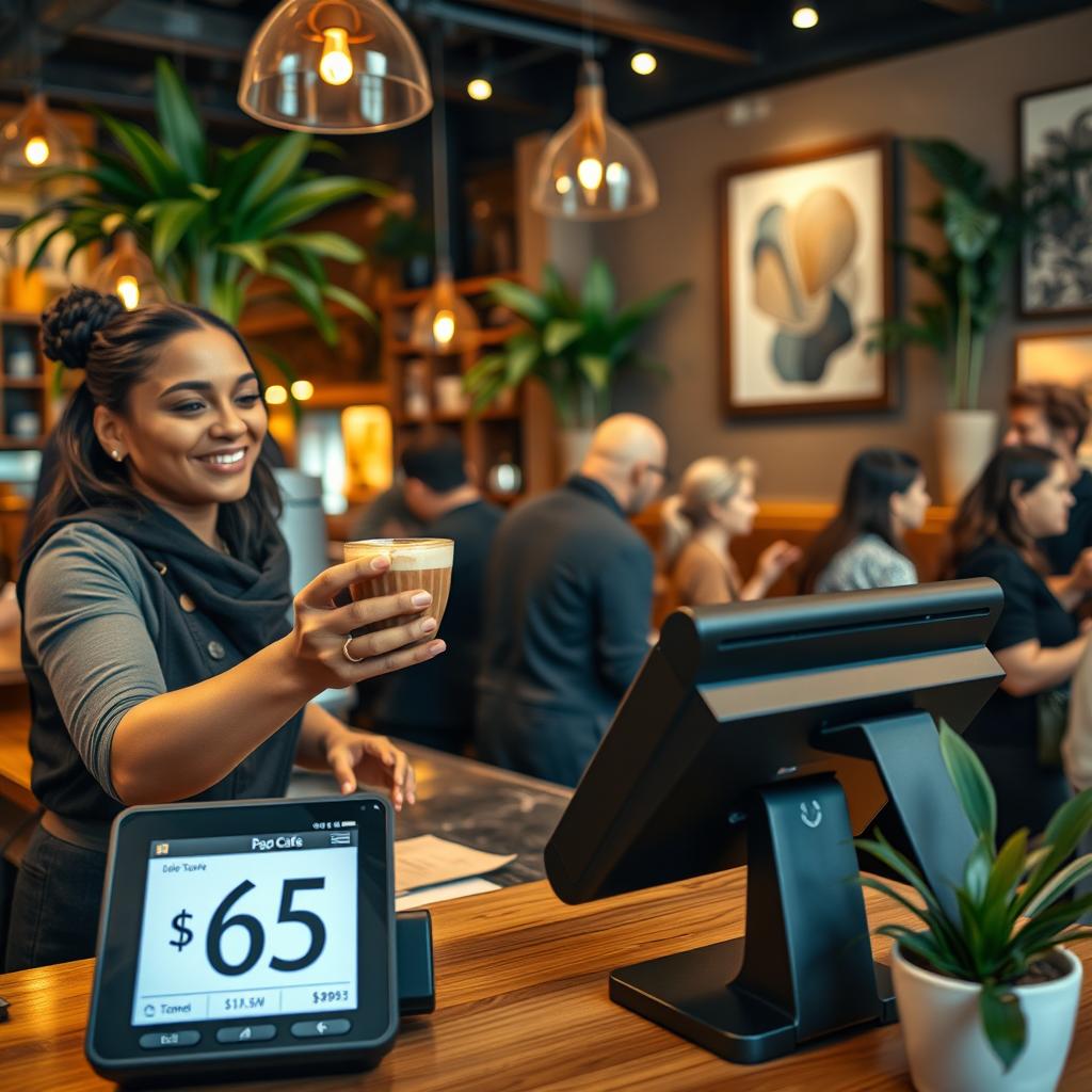 A detailed close-up scene featuring a vibrant, bustling cafe where a transaction of $65 occurs at the counter