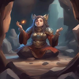 A serene yet powerful female dwarf kineticist meditates within a cavern, enveloped in heavy armor. Surrounding her, numerous wood splinters and loose rocks float mid-air in a tranquil dance.