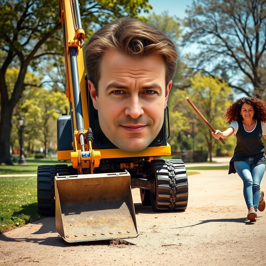 A surreal and humorous scene depicting a man's face transformed into the front of an excavator, with the excavator's arms and bucket prominently displayed