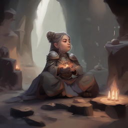 A serene yet powerful female dwarf kineticist meditates within a cavern, enveloped in heavy armor. Surrounding her, numerous wood splinters and loose rocks float mid-air in a tranquil dance.