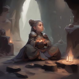 A serene yet powerful female dwarf kineticist meditates within a cavern, enveloped in heavy armor. Surrounding her, numerous wood splinters and loose rocks float mid-air in a tranquil dance.