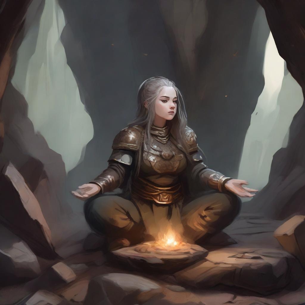 A serene yet powerful female dwarf kineticist meditates within a cavern, enveloped in heavy armor. Surrounding her, numerous wood splinters and loose rocks float mid-air in a tranquil dance.