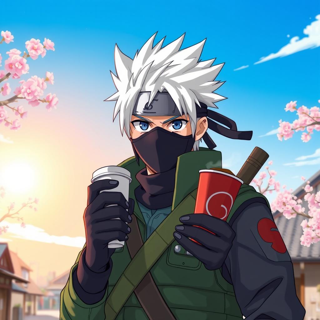 Kakashi Hatake, a skilled ninja with spiky silver hair and his signature mask, casually holding a takeaway cup of steaming coffee