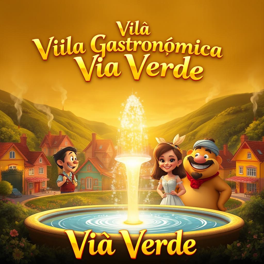 A golden valley with colorful houses, smoke from chimneys forming whimsical designs in the sky