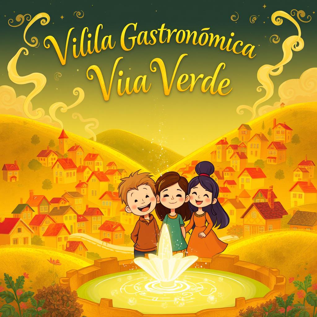 A golden valley filled with colorful houses, with wisps of smoke from chimneys forming whimsical shapes in the sky