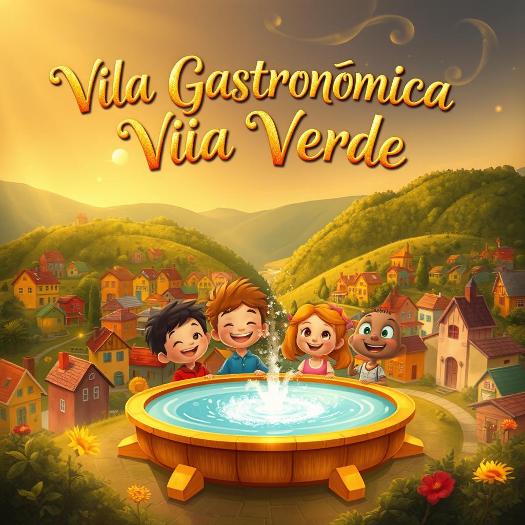 A golden valley filled with colorful houses, with wisps of smoke from chimneys forming whimsical shapes in the sky