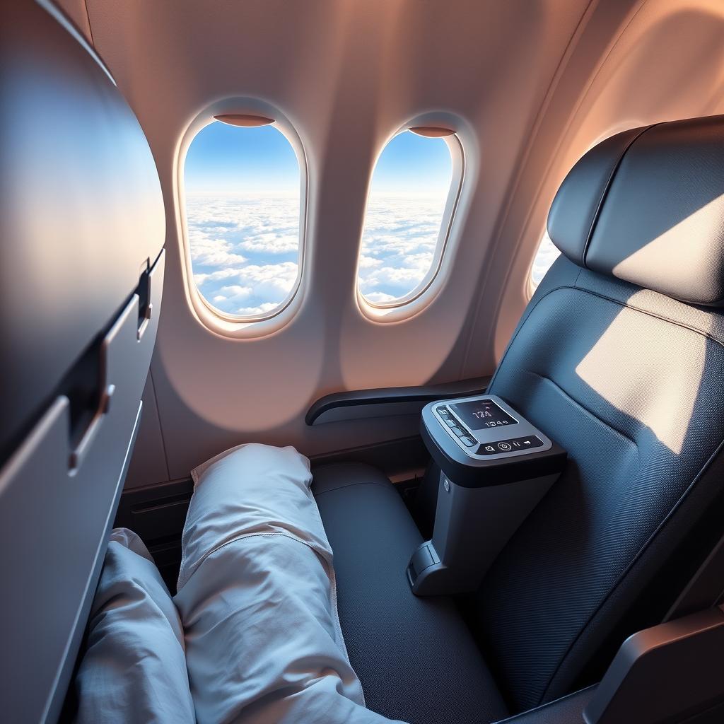 A detailed view of an airplane seat, specifically seat 124, highlighting the comfort and design of the seating, with plush cushioning and soft fabric