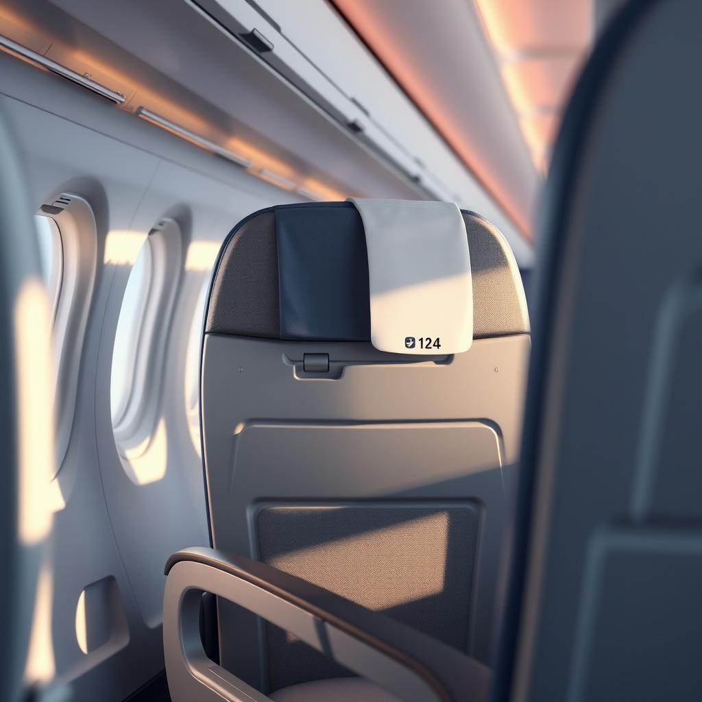 A realistic and detailed rendering of an airplane seat, prominently featuring a seat numbered 124