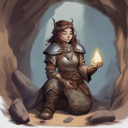 Immersed in meditation within a cavern, a female dwarf kineticist in heavy armor, wood splinters and loose rocks swirled around her, connects her will to the wood and earth planes, forming a harmonious link.