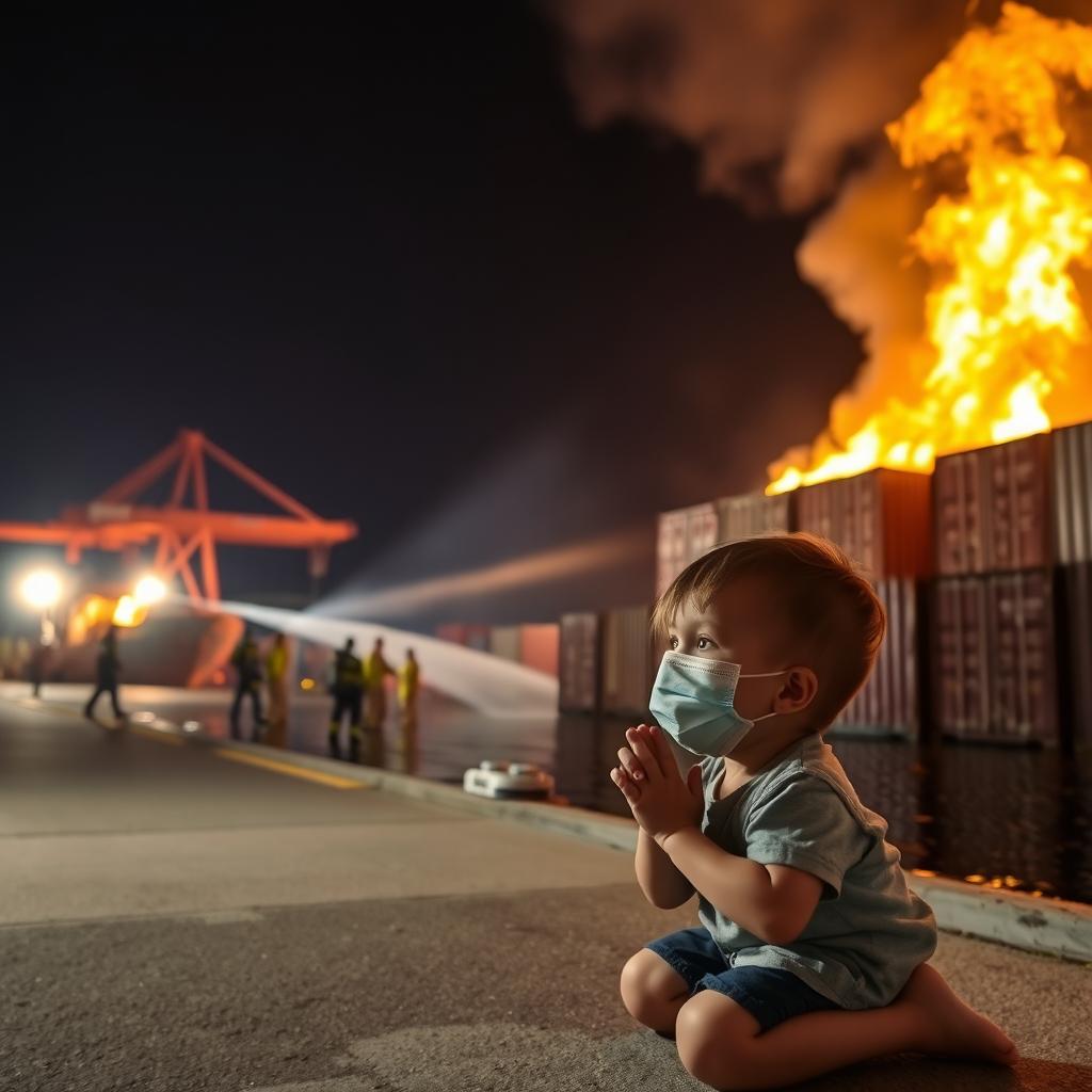 A child wearing a mask, kneeling and praying, set against a dramatic night scene featuring a dock on fire