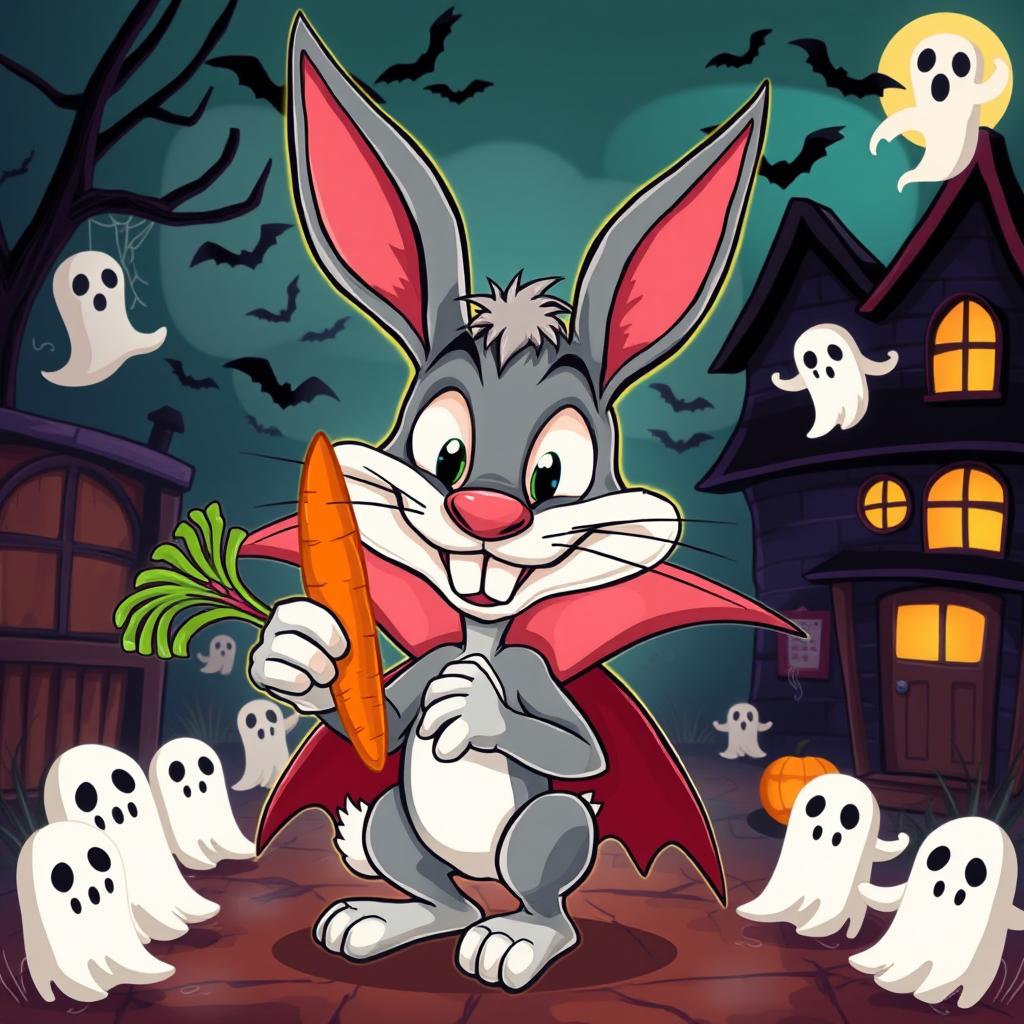 A whimsical scene featuring a retro cartoon vampire bunny named Bannicula, with large expressive eyes, cartoonish fangs, and a sly, mischievous grin