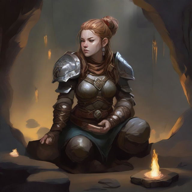 Immersed in meditation within a cavern, a female dwarf kineticist in heavy armor, wood splinters and loose rocks swirled around her, connects her will to the wood and earth planes, forming a harmonious link.