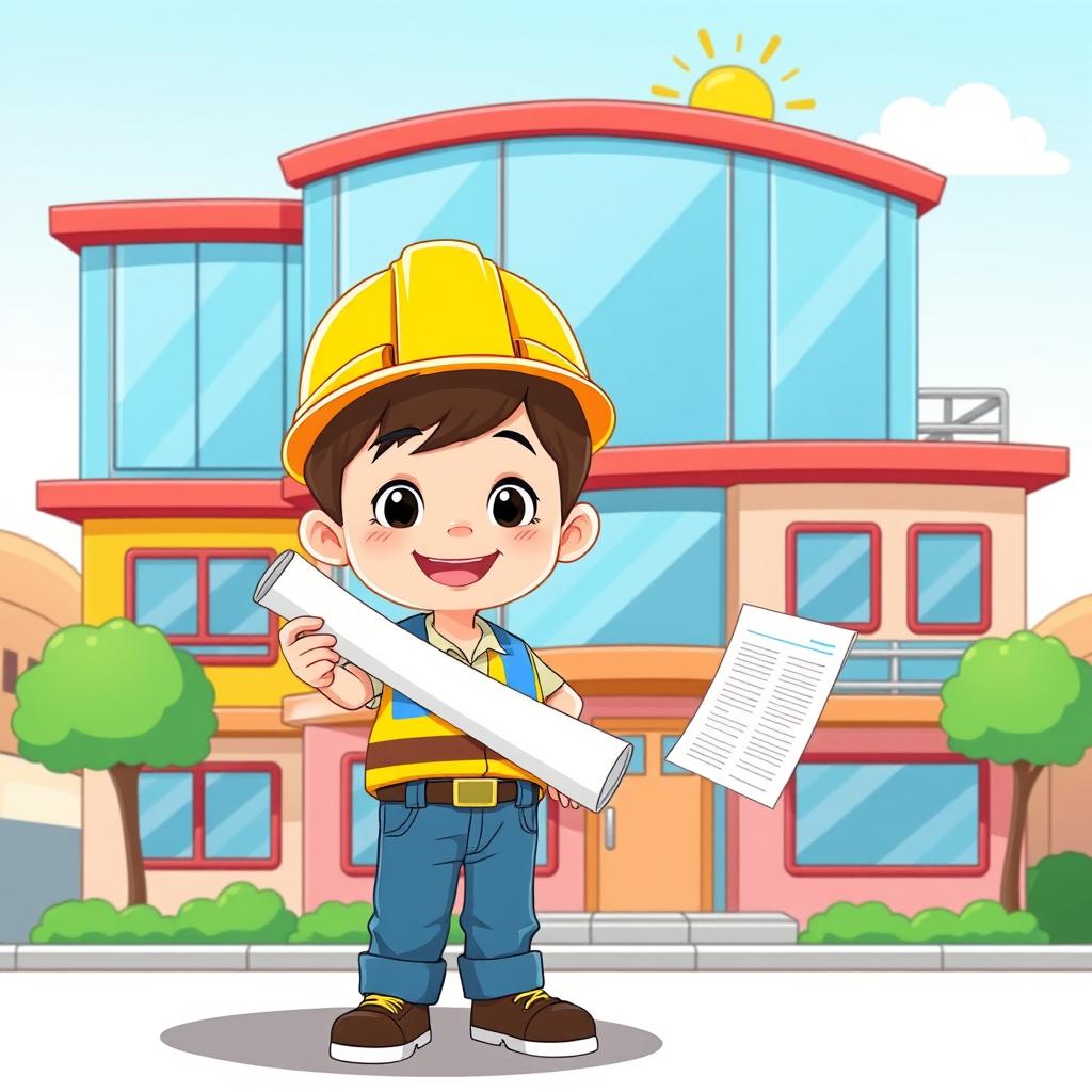 A whimsical cartoon-style illustration of a colorful building with a friendly design, featuring a 5-year-old boy as a miniature construction engineer